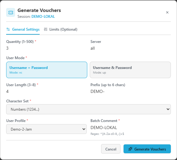 Formulir voucher diisi jumlah tiga, prefix DEMO-, profil Demo-2-Jam dan komentar DEMO-LOKAL; belum dikirim.