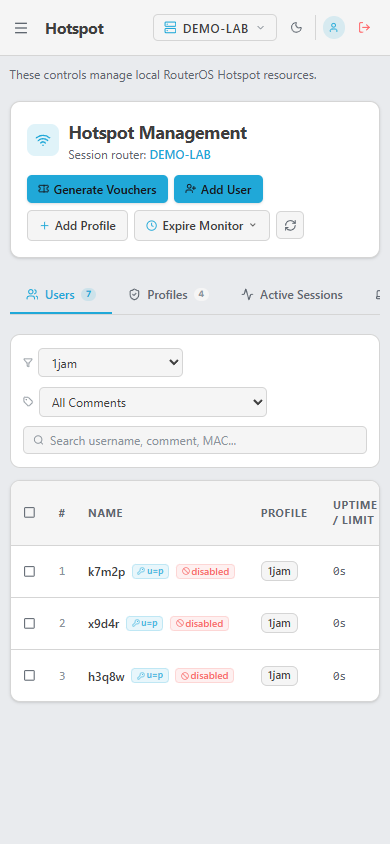 Halaman Users di emulasi browser mobile, menampilkan tiga akun lab nonaktif setelah profil 1jam dipilih.