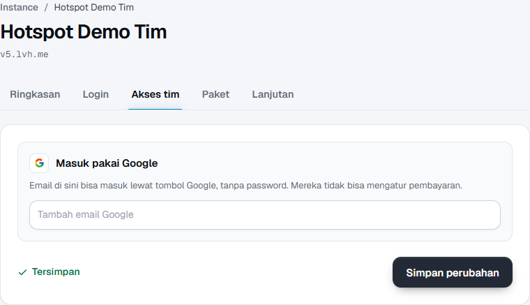 Tab Akses tim setelah alamat anggota dihapus, dengan kolom kosong dan status Tersimpan.