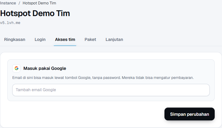 Tab Akses tim pada Hotspot Demo Tim, dengan kolom Tambah email Google kosong sebelum anggota ditambahkan.
