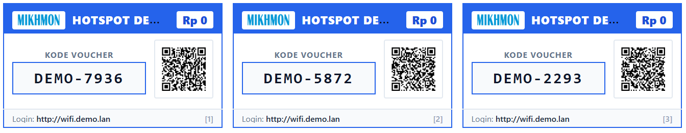 Tiga kartu voucher lab nonaktif dengan kode DEMO-, QR, dan alamat contoh wifi.demo.lan terlihat tanpa penutup.