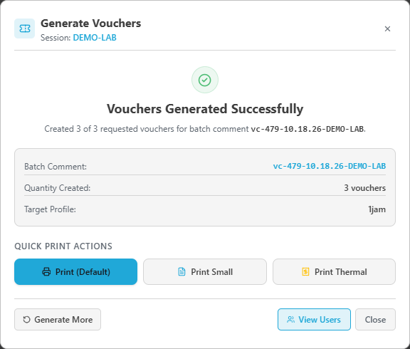 Hasil asli Mikhmon Pro menyatakan tiga dari tiga voucher berhasil dibuat, dengan tombol Print Default, Small dan Thermal.