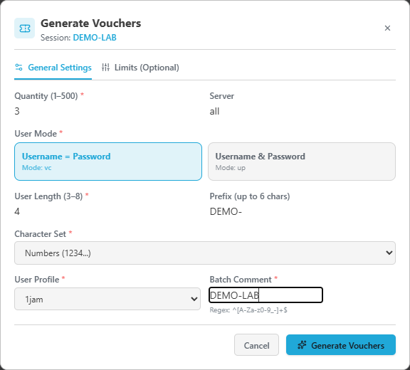 Formulir asli Mikhmon Pro untuk tiga voucher, prefix DEMO-, profil 1jam dan komentar DEMO-LAB.