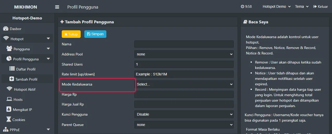 Form Tambah Profil Pengguna dengan mode kedaluwarsa, harga dan kunci pengguna