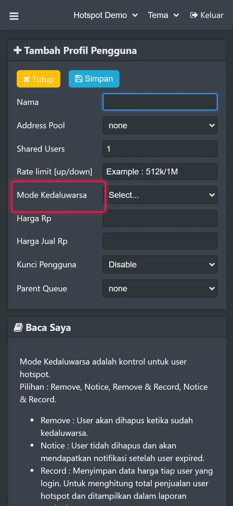 Form Tambah Profil Pengguna dengan mode kedaluwarsa, harga dan kunci pengguna