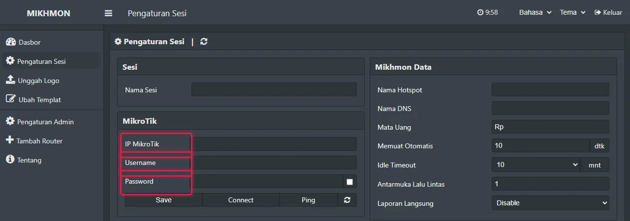 Form Tambah Router: nama sesi, IP MikroTik, username dan password API