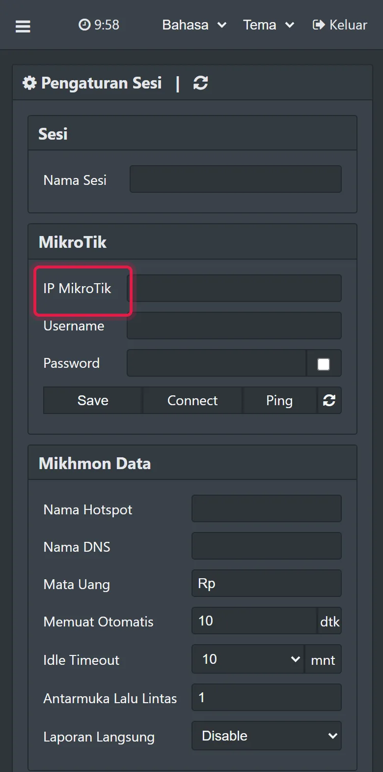 Form Tambah Router: nama sesi, IP MikroTik, username dan password API