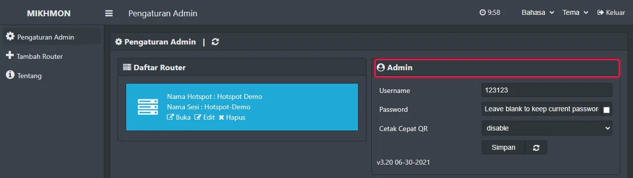 Pengaturan Admin: daftar router Hotspot-Demo dan akun admin Mikhmon