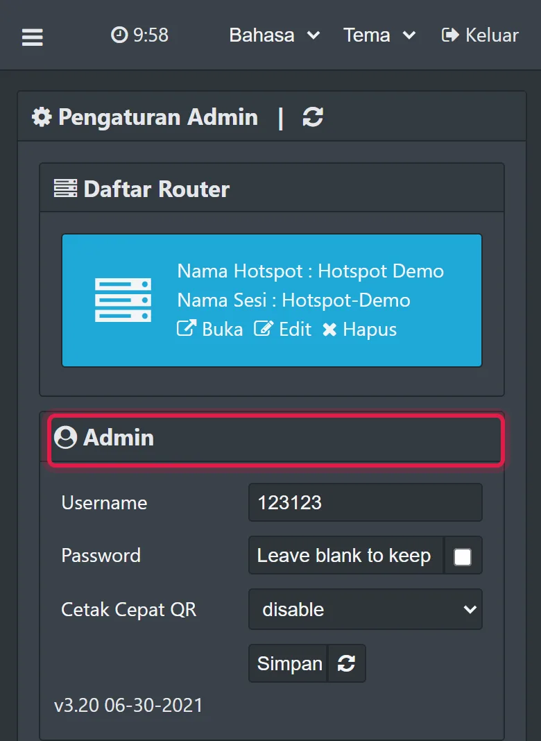 Pengaturan Admin: daftar router Hotspot-Demo dan akun admin Mikhmon