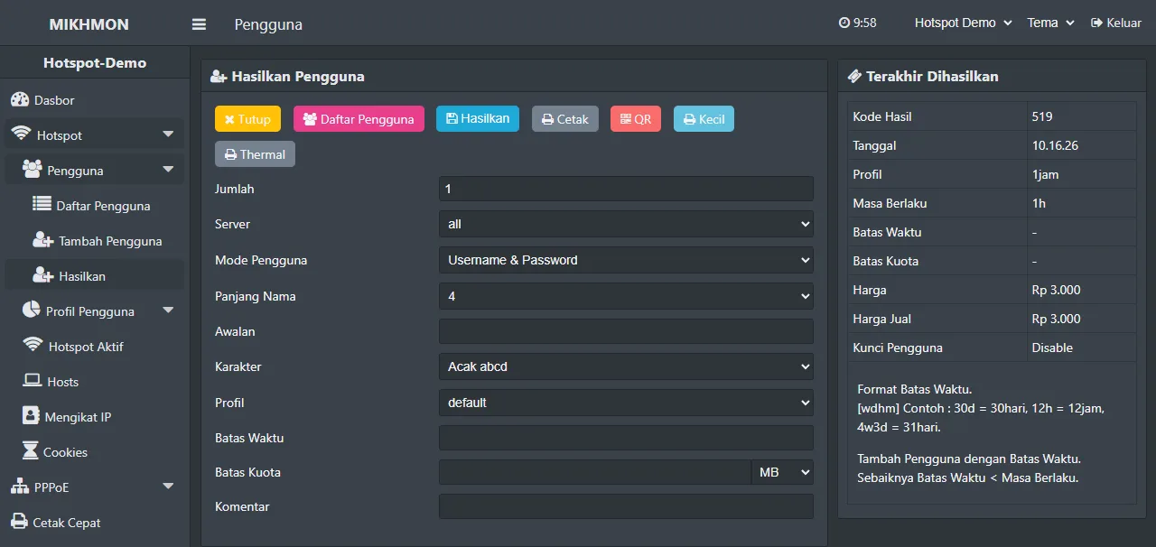Form Hasilkan Pengguna untuk membuat voucher massal per profil