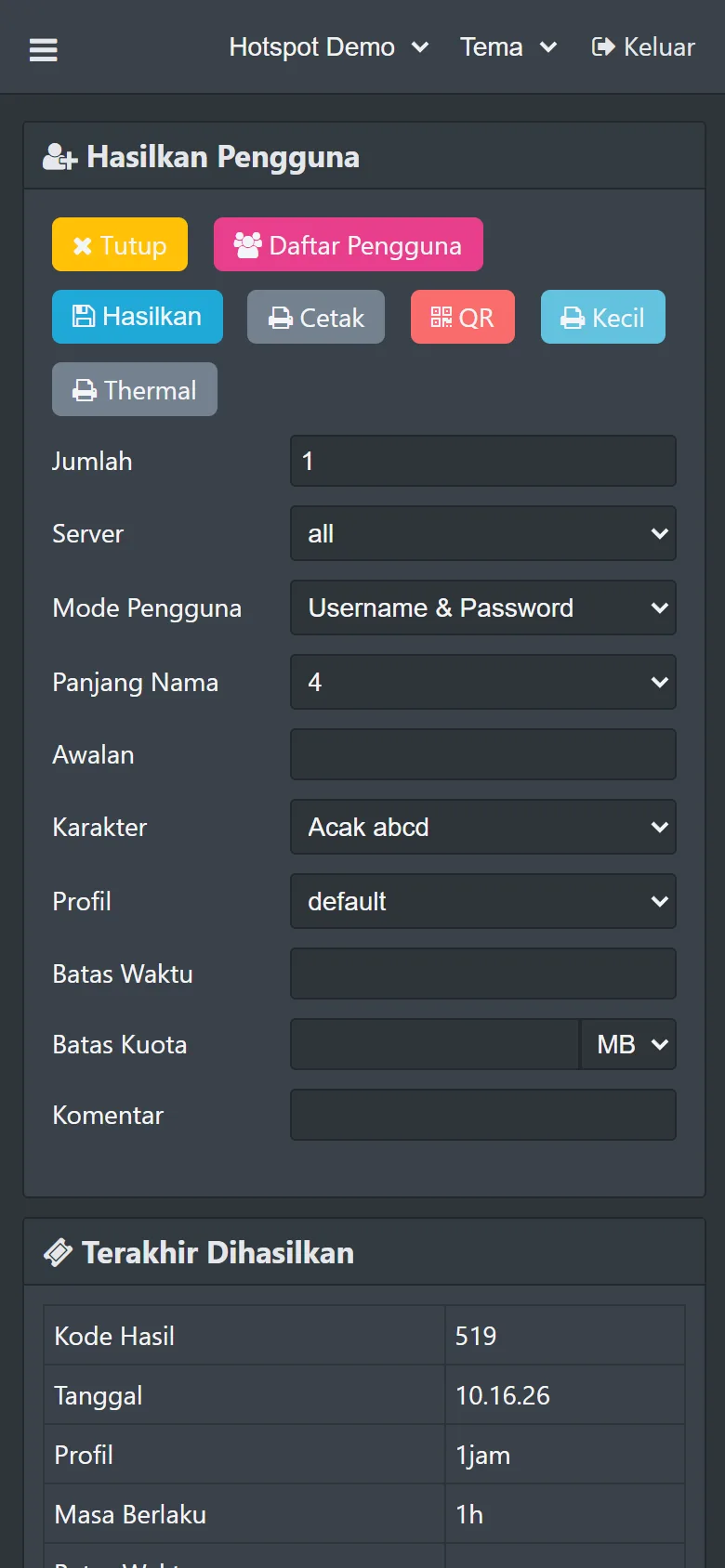 Form Hasilkan Pengguna untuk membuat voucher massal per profil