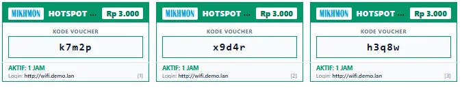 Pratinjau cetak voucher template standar, tiga voucher Rp 3.000