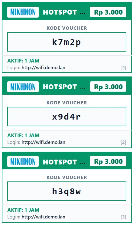 Pratinjau cetak voucher template standar, tiga voucher Rp 3.000