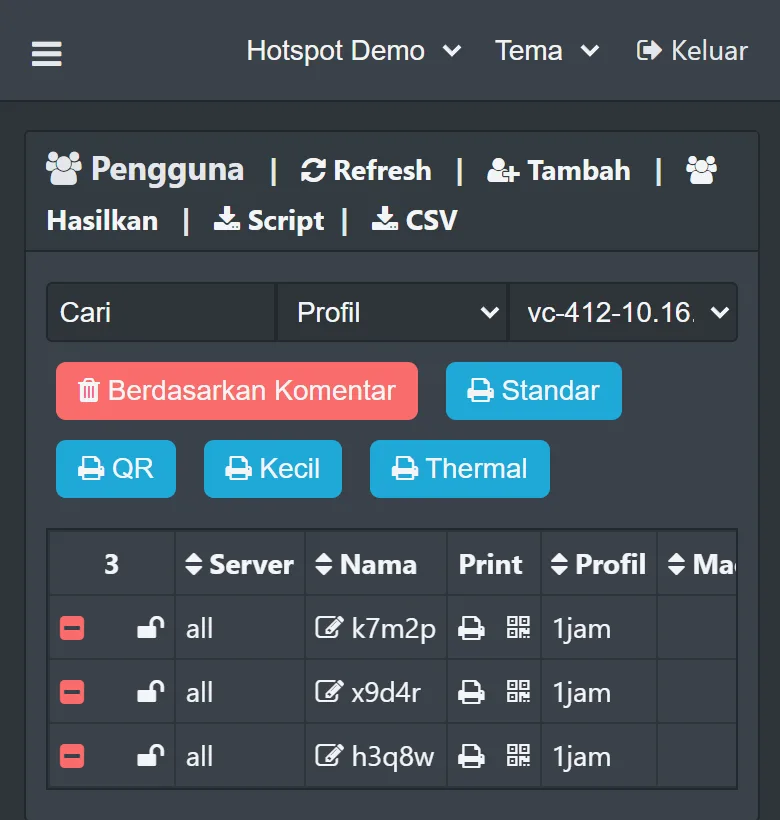 Daftar voucher satu batch dengan tombol cetak Standar, QR, Kecil dan Thermal