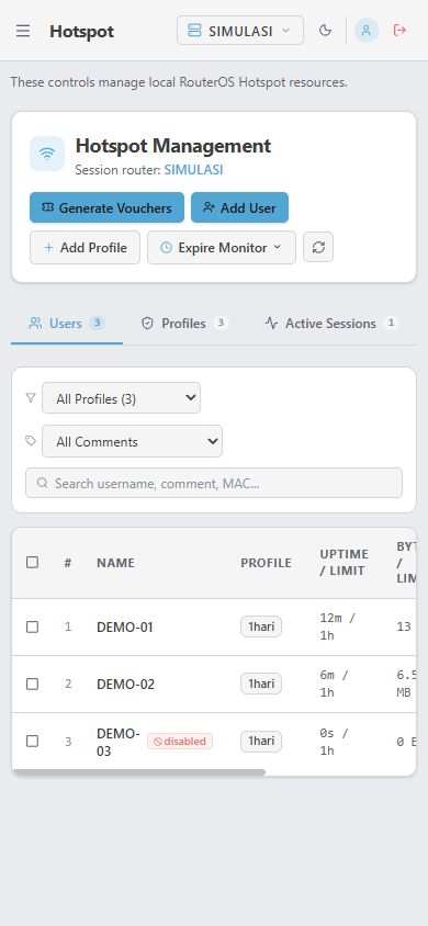 Simulasi menunjukkan tiga akun pada Users dan satu sesi aktif setelah DEMO-01 diputus.