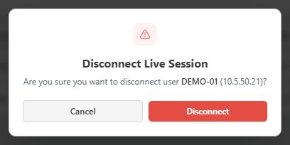 Dialog konfirmasi Disconnect Live Session untuk akun simulasi DEMO-01 pada 10.5.50.21.