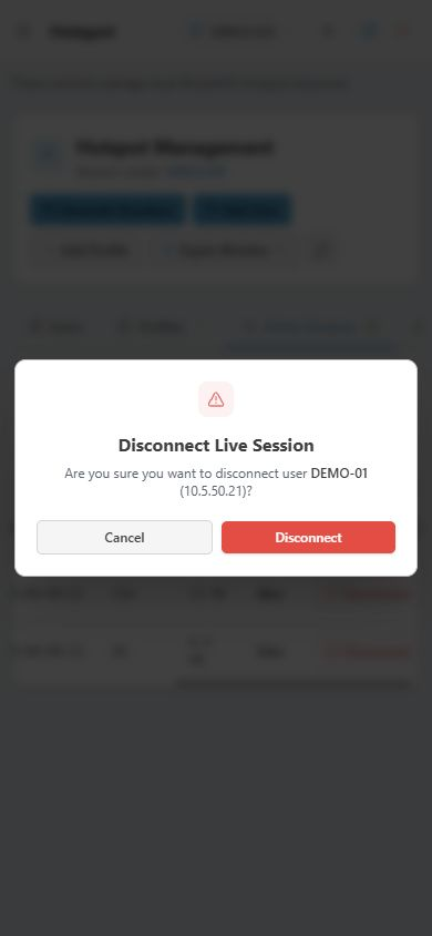 Dialog konfirmasi Disconnect Live Session untuk akun simulasi DEMO-01 pada 10.5.50.21.