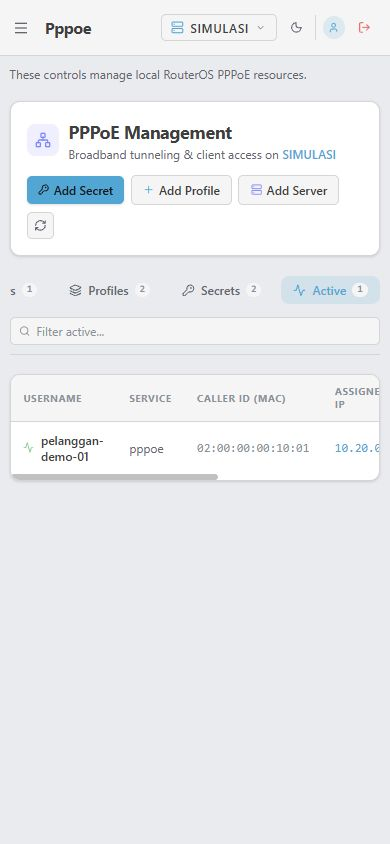 Tab Active berisi sesi contoh pelanggan-demo-01; akun baru pelanggan-demo-02 belum tersambung.