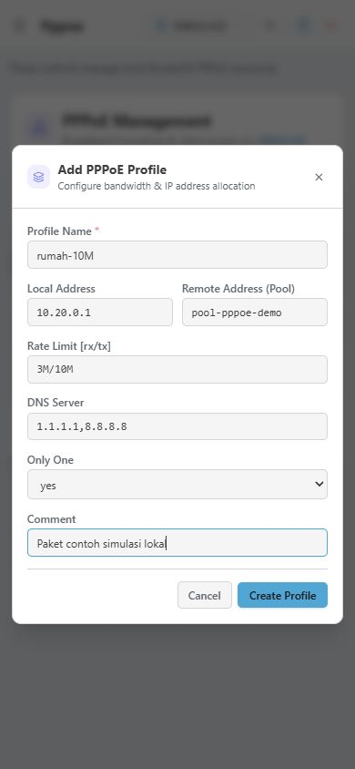 Profil PPPoE simulasi rumah-10M menggunakan 3M/10M dan pool-pppoe-demo.