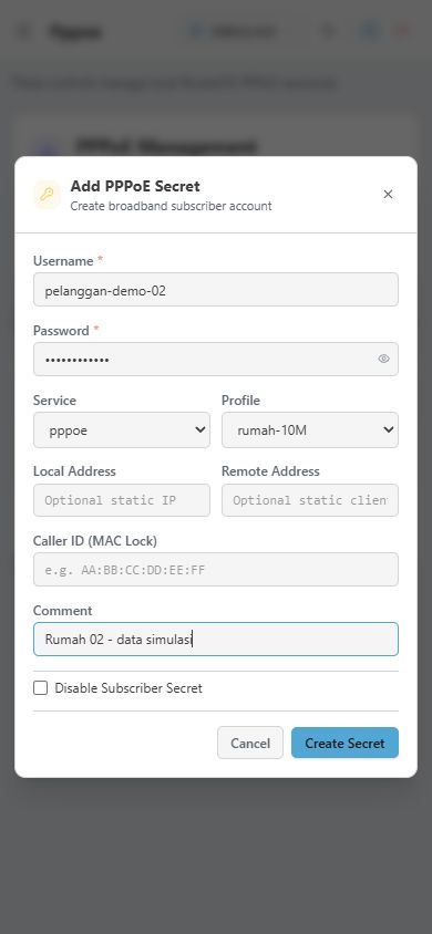 Form Secret simulasi untuk pelanggan-demo-02 memakai service pppoe dan profil rumah-10M.