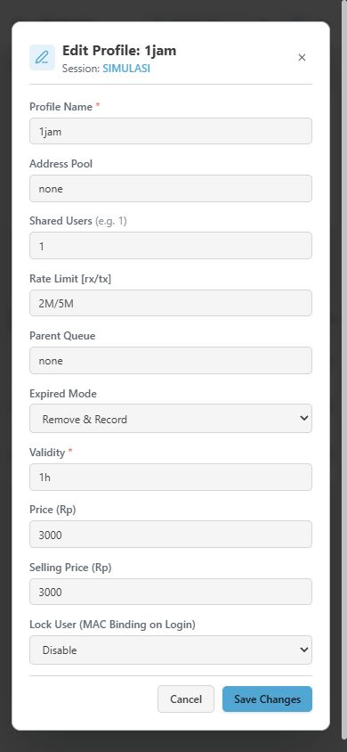 Profil 1jam pada simulasi V5, dengan Validity 1h, rate limit 2M/5M, dan harga 3000.