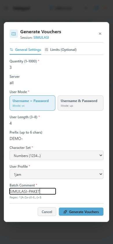 Form Generate Vouchers dalam simulasi memilih profil 1jam untuk tiga voucher; belum dikirim.