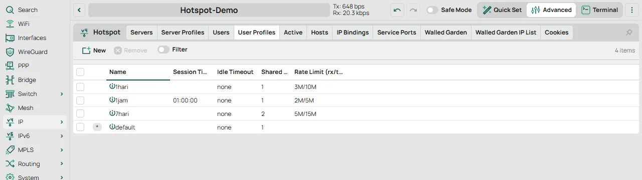 Daftar user profile hotspot 1jam, 1hari dan 7hari