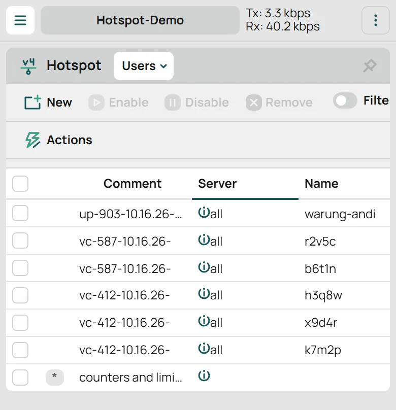 Daftar voucher hotspot dengan komentar batch Mikhmon