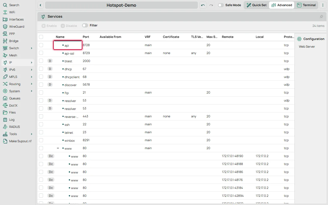 Menu IP > Services di WebFig dengan layanan api port 8728 aktif