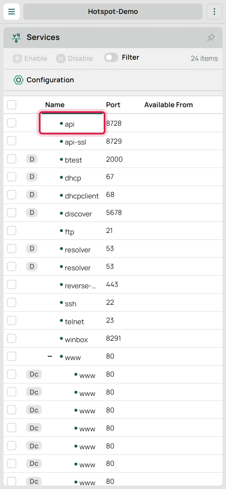 Menu IP > Services di WebFig dengan layanan api port 8728 aktif
