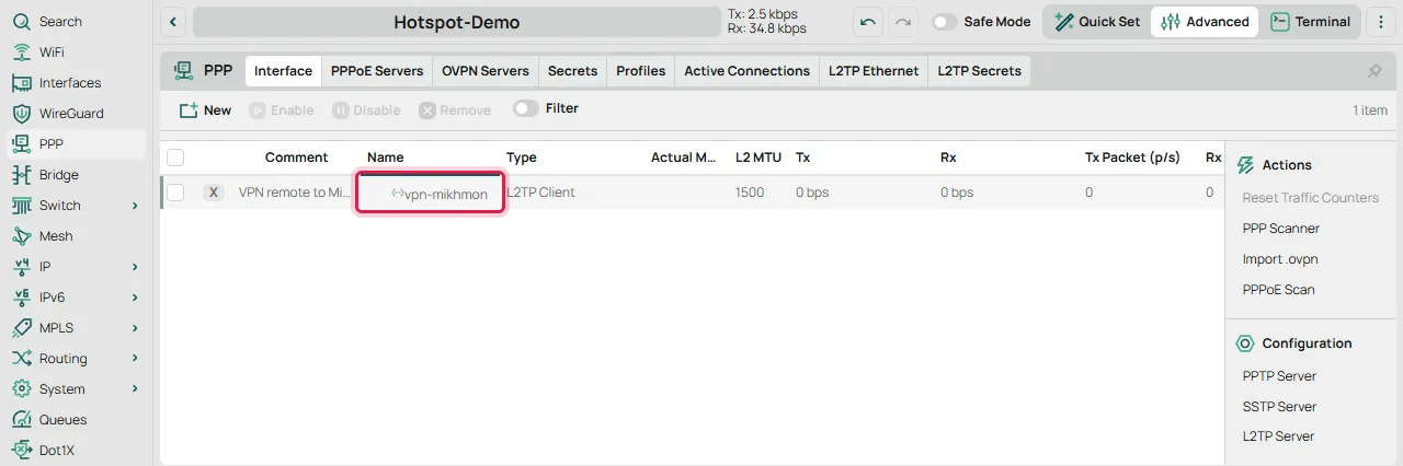 Interface L2TP client vpn-mikhmon untuk VPN remote