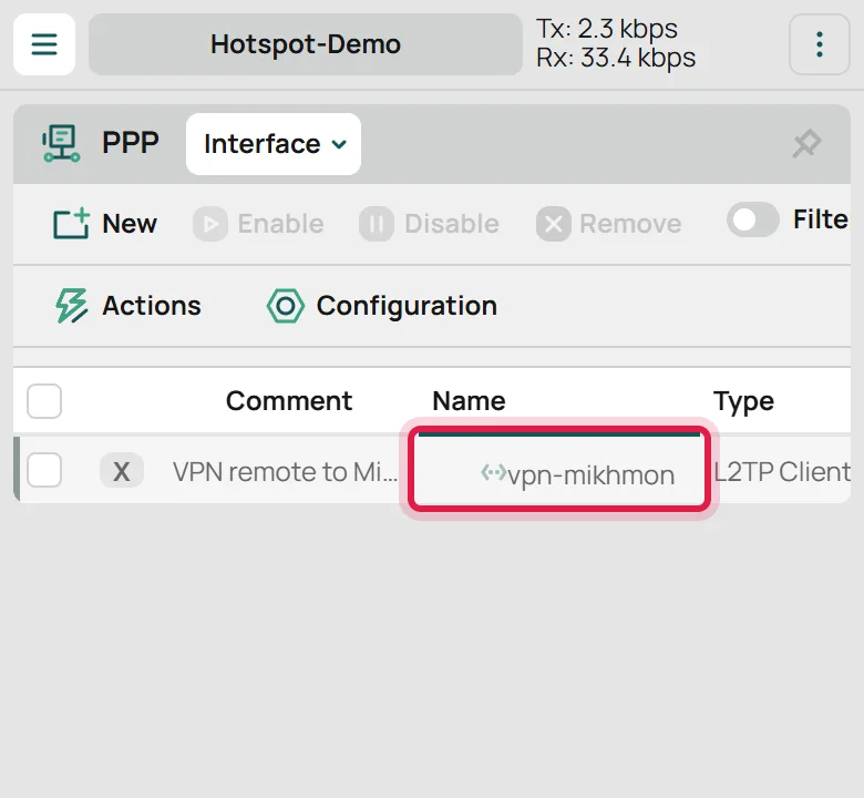 Interface L2TP client vpn-mikhmon untuk VPN remote
