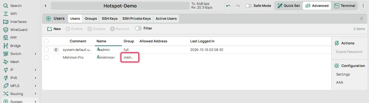 User mikhmon khusus API di System > Users