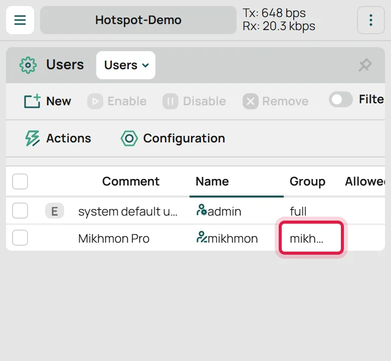 User mikhmon khusus API di System > Users